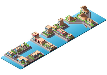 Isometric word city with low poly buildings and cars isolated