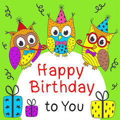 Happy Birthday card with funny owls- vector illustration, eps
