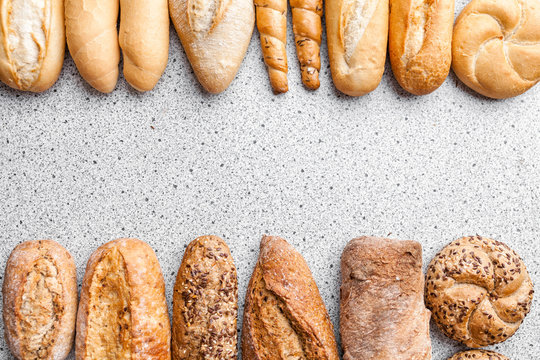 Variety of delicious fresh bread and baguettes