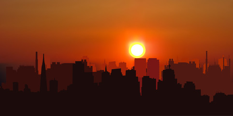 modern city landscape at yellow evening sun