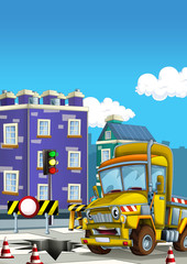 cartoon construction site car on the street in the city - illustration for children