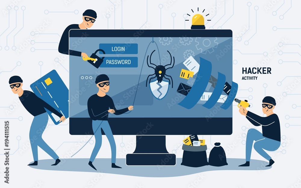 Aufkleber criminals, burglars or crackers wearing black hats, masks and clothes stealing personal information 
