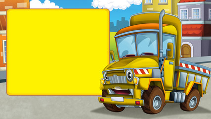 cartoon scene with construction site car in the city looking and smiling - illustration for children