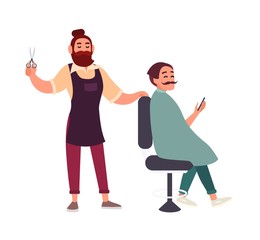 Cute bearded male hairdresser cutting hair of his client sitting in chair and holding smartphone isolated on white background. Smiling man in barbershop. Cartoon colorful vector illustration.