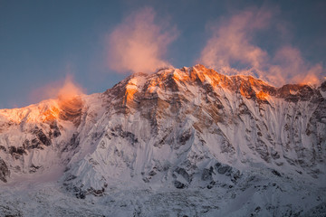 Morning view of Mount Annapurna south from Annapurna base camp, round Annapurna circuit trekking trail, Nepal. - 194112561
