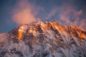 Morning view of Mount Annapurna south from Annapurna base camp, round Annapurna circuit trekking trail, Nepal. - 194112567