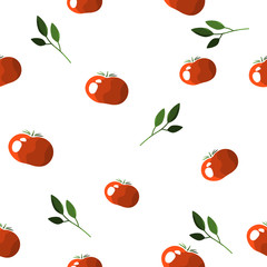 Seamless pattern of colorful tomatoes on a white background with sprigs of greens. Vector.