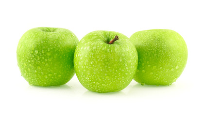 Fresh green apple with water drops isolated on white background