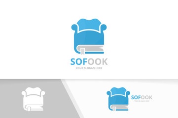 Vector book and sofa logo combination. Couch and market symbol or icon. Unique bookstore, library and armchair logotype design template.
