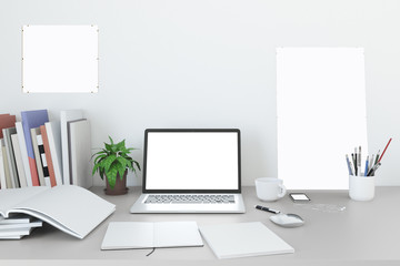 Fototapeta premium Blank screen laptop Mock up in home workpark with coffee cup and book in home work. , 3D render