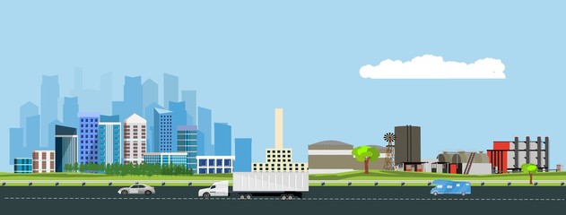 Urban landscape with large modern buildings and industrial suburbs with industrial buildings, factories. Street, road with cars. Concept city life.