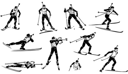 Biathlon. A set of athletes biathlonists. Hand drawn illustration.