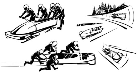 Bobsleigh and four athletes in perspective. Hand drawn illustration