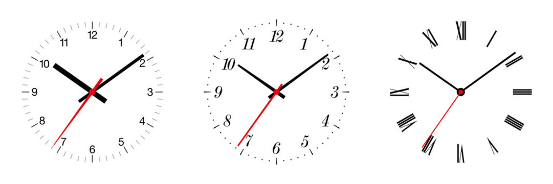 Three different clock faces over white, with regular, italic and fraktur numerals. Part of an analog clock, or watch. Displays the time through the use of a dial and moving hands. Illustration. Vector