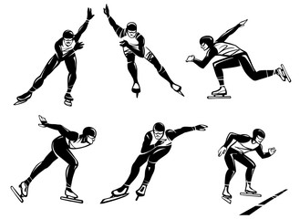 Set of illustrations of speed skaters. Hand drawn illustration.