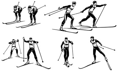 Set of illustrations of competitions on cross-country skiing. Hand drawn illustration