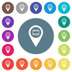 Cinema GPS map location flat white icons on round color backgrounds