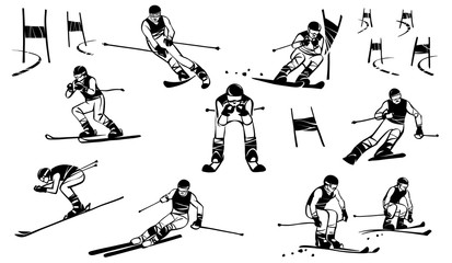 Nine mountain sportsmen compete in giant slalom (Super-G). And also parallel slalom and downhill - obrazy, fototapety, plakaty