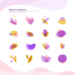 Vector collection of transparent beauty, spa, and yoga symbols in light colors isolated on white background. Perfect for massage saloon, wellness and health care centers, fashion insignia design.