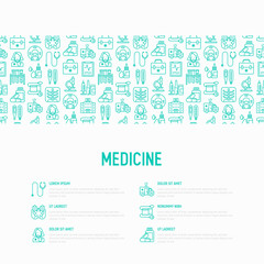 Fototapeta na wymiar Medicine concept with thin line icons: doctor, ambulance, stethoscope, microscope, thermometer, hospital, z-ray image, MRI scanner, tonometer. Modern vector illustration for medical survey, report.
