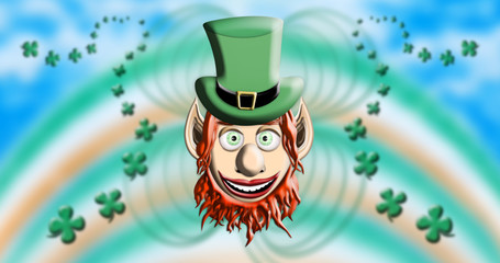 St Patrick's Day. Leprechaun With Green Hat Against Irish Four Leaf Clover Background 3D illustration