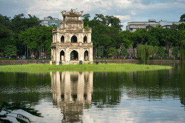 Turtle Tower (Thap Rua) in Hoan Kiem lake (Sword lake, Ho Guom) in Hanoi, Vietnam.