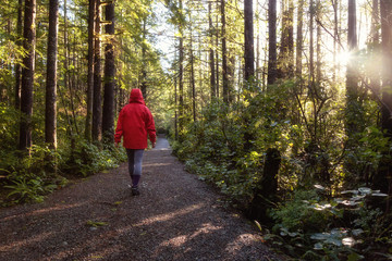 Obraz premium Girl wearing a bright red jacket is walking the the beautiful woods during a vibrant winter morning. Taken in Ucluelet, Vancouver Island, BC, Canada.