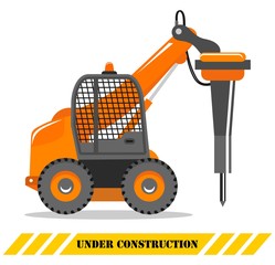 Detailed illustration of excavator with hammer. Hydraulic crusher. Heavy construction machine. Building machinery. Special equipment. Vector.