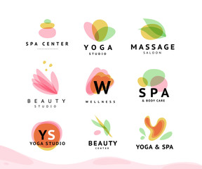 Vector collection of transparent beauty, spa, and yoga symbols in light colors isolated on white background. Perfect for massage saloon, wellness and health care centers, fashion insignia design.