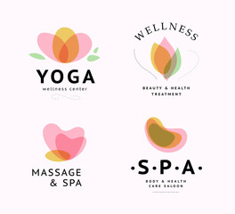 Vector collection of transparent beauty, spa, and yoga symbols in light colors isolated on white background. Perfect for massage saloon, wellness and health care centers, fashion insignia design.