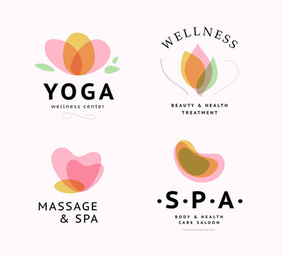 Vector collection of transparent beauty, spa, and yoga symbols in light colors isolated on white background. Perfect for massage saloon, wellness and health care centers, fashion insignia design.