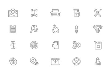 Set of vector car service and auto repair line icons. Route map, undercarriage, automobile, oil station, wrench, screwdriver, clipboard, key, spark plug, motor, mechanic, pump, wheel, gear wheel, disc