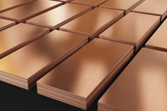 Copper sheets. Piles of copper metal in stock. 3d illustration.
