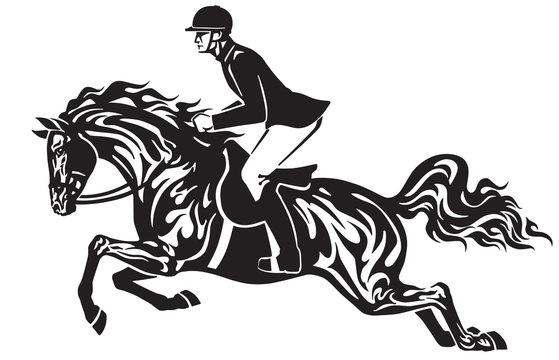 Horse show jumping . Equestrian sport competition . Horseman rider controls a horse jumping over an obstacle . Black and white side view vector illustration in the tribal tattoo style
