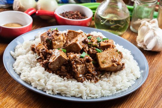 Mapo Tofu - sichuan spicy dish served with rice