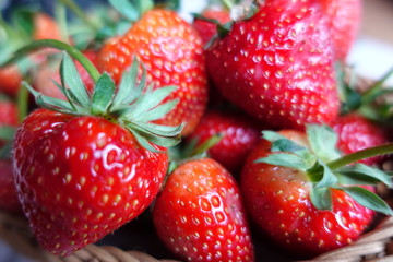 A Ripe strawberries  in the basket, red fruit, plant in countryside farm, feel fresh and sweet, fruit macro photography concept