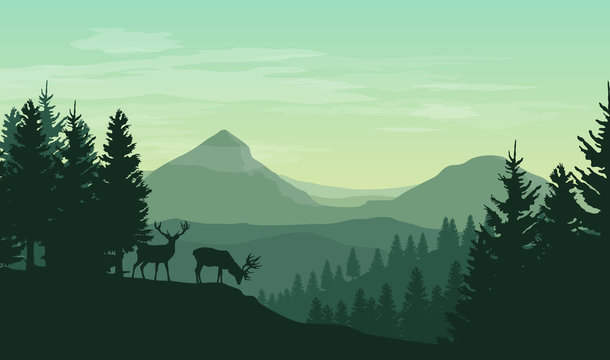 Vector atmospheric landscape with silhouettes of mountains, hills, forest and two deers © Kateina