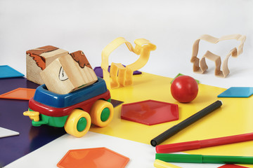 Fototapeta premium objects for children's creativity and development. Felt pens, figrets, colored cardboard and animal
