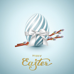Easter holiday greeting card. Glitter lettering, realistic egg with white bow and willow branches. Vector illustration.