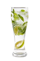 Summer drink with lime and mint, ice on isolated white background. Direct perspective, cool, refreshing