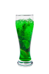 Summer green drink with lemon, lime and mint, ice on isolated white background. Direct perspective, cool, refreshing