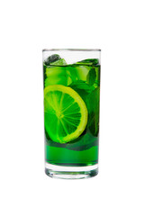 Summer green drink with lemon, lime and mint, ice on isolated white background. Direct perspective, cool, refreshing
