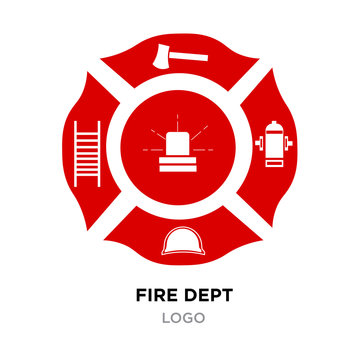 fire dept logo, red Helmet, Axe Vector Illustration