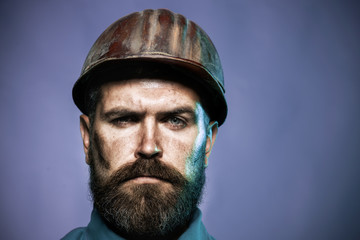 Business, building, industry, technology - builder concept. Architect, worker, engineer - work. Construction worker in hard hat. Closeup portrait. Copy space to advertise.