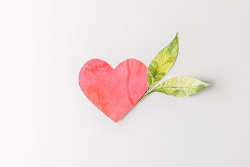 top view of red paper heart and green leaves isolated on grey, environment protection concept