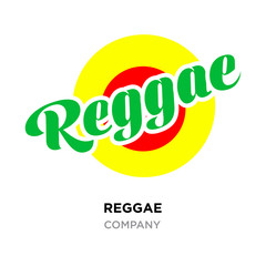 reggae logo, green reggae label isolated on rounded yellow red background