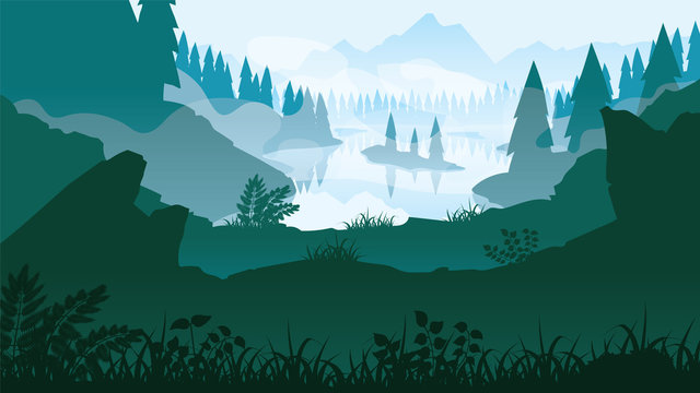 A high quality background of landscape with river, forest and mountains. Background of a mountain landscape. Flat style.