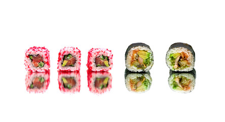Japanese sushi and rolls isolated on white background.