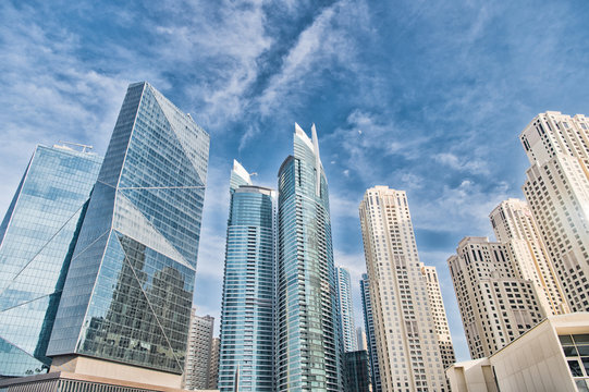 Skyscrapers in Dubai, United Arab Emirates, bottom view
