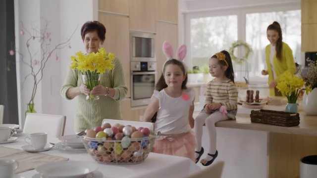Family make preparations for easter breakfast

